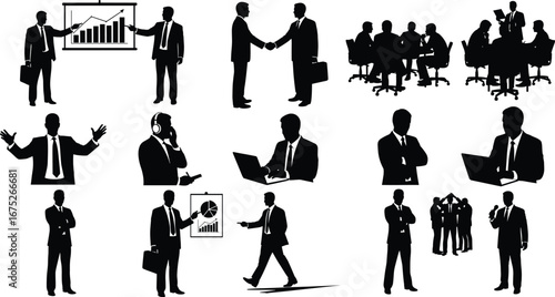 Businessmen working, corporate teamwork, office meeting, presentation, handshake, communication, laptop use, discussion, leadership, brainstorming, 