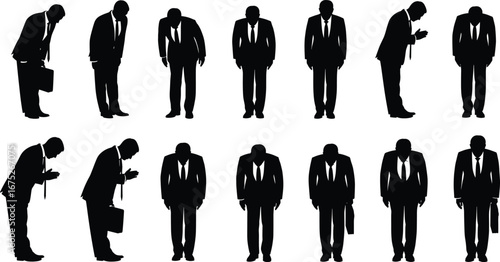 Businessmen bowing in respect, apology, gratitude, cultural gesture, silhouette concept, Japanese etiquette, formal behavior, humble expression, business manner, honor