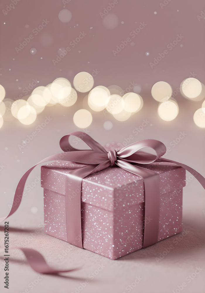 Fototapeta premium Luxurious pink gift box with shimmering glitter and a satin bow, surrounded by festive golden bokeh lights.