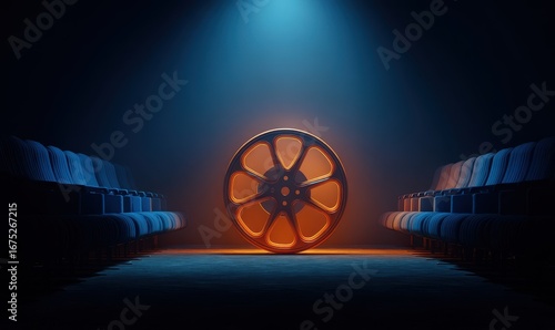 Vibrant photo of blue and orange film reel is centered in an empty movie theater, glowing with warm light against a dark background. the film reel is detailed with visible.