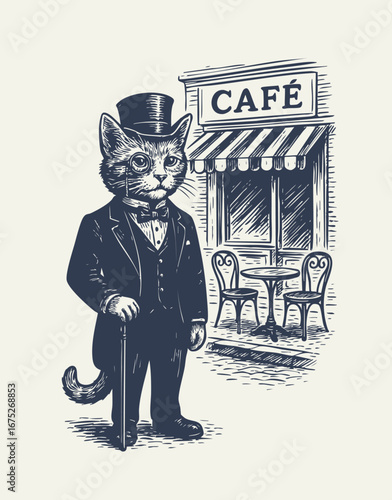 Vintage Cat Gentleman Standing in Front of Café, Retro Illustration