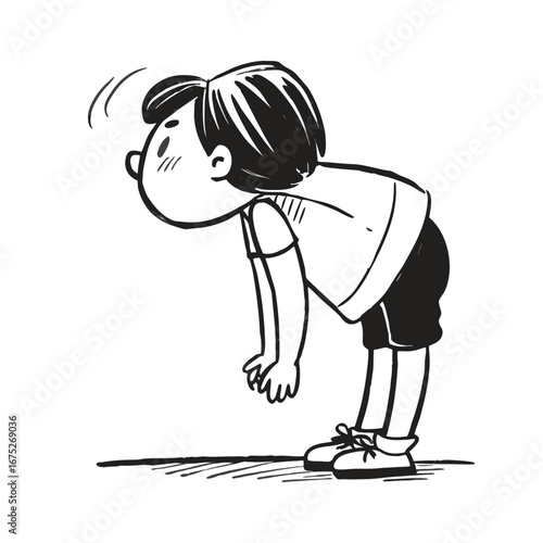 Classic cartoon boy bent over searching ground in black and white comic strip style evoking curiosity and movement