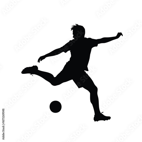 Silhouette of a soccer player kicking a ball with energy and skill, kicker in action silhouette vector illustration