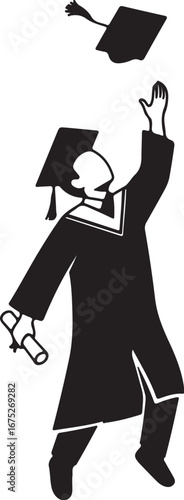 Silhouette vector of a male graduate wearing a toga and jump throwing his hat. 