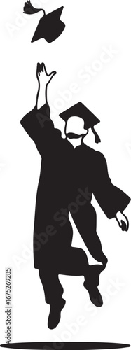 Silhouette vector of a male graduate wearing a toga and throwing his hat. Silhouette in black