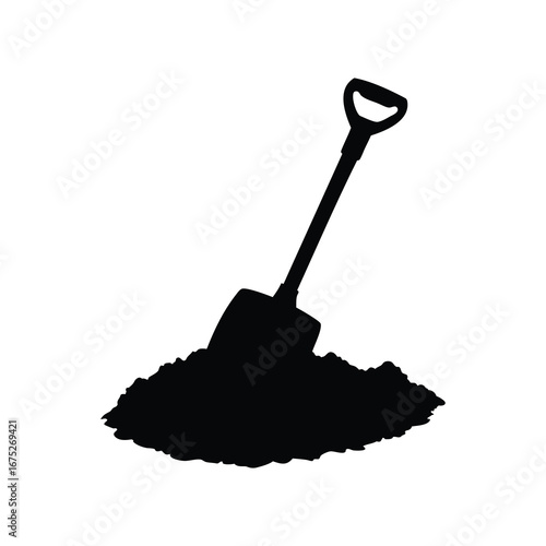 Monochromatic black and white silhouette of a shovel digging into the ground, manure shovel on silhouette vector illustration