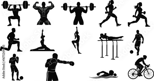 Silhouettes of athletes exercising, weightlifting, running, yoga, boxing, swimming, cycling, fitness training, sports activities, healthy lifestyle, workout, strength, endurance.