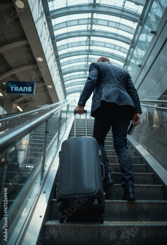 businessman climbing stairs at a train station, holding trolley luggage