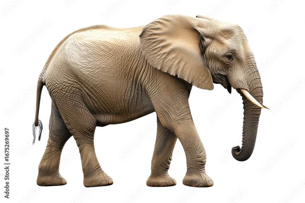 Fototapeta premium Lifelike representation of an elephant walking gracefully on a transparent background in a natural setting during daylight showcasing its detailed texture and features
