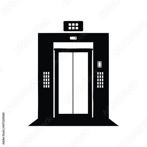 A black and white minimalist drawing of an elevator for transportation purposes, office elevator silhouette vector illustration