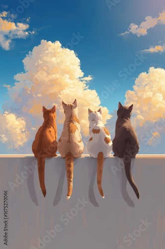 Four cats sitting on a wall under cloudy sky
