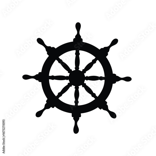Simple black silhouette illustration of a classic ship steering wheel on white, pirate boat wheel silhouette vector illustration