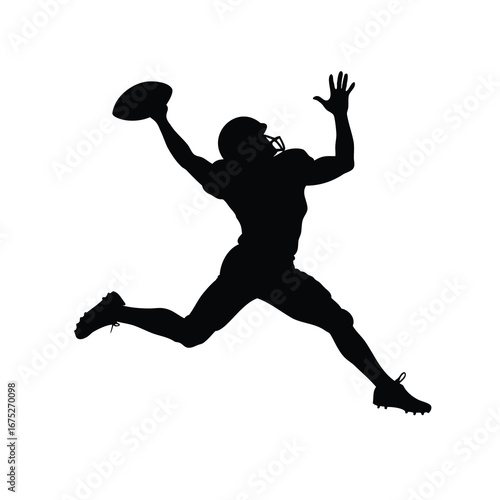 American Football Receiver Leaping High for Pass, Silhouette Action Sports Concept, player catching interception silhouette vector illustration