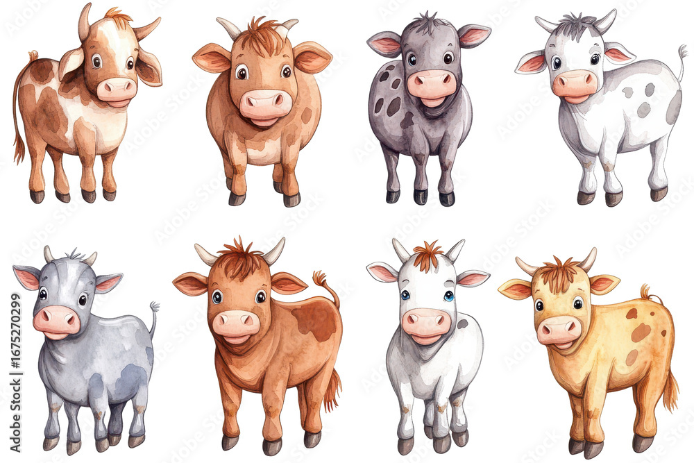 Obraz premium Collection of colorful cartoon cows with varying patterns and expressions on a transparent background showcasing playful design and farm themes