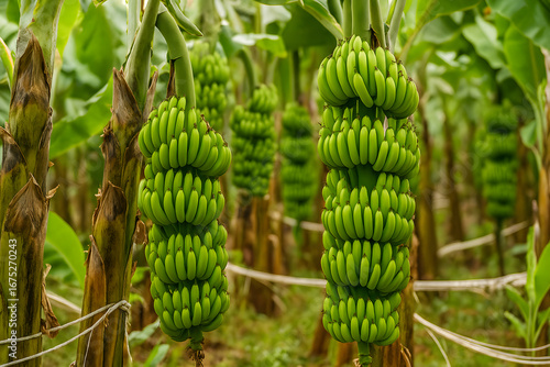 Banana plantation lush green banana trees with bunches ready to harvest tropical agriculture fruit farm concept