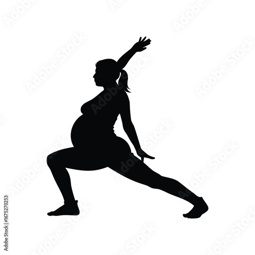 Pregnant woman in warrior one pose silhouette illustrating fitness and maternity health, pregnant woman doing light stretching silhouette vector illustration