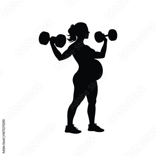 Silhouette of Pregnant Woman Lifting Weights, Embracing Fitness During Pregnancy Journey, pregnant woman lifting light weights silhouette vector illustration