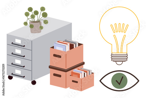 Filing cabinet with plant on top, boxes of books, glowing lightbulb, and checklist. Ideal for productivity, organization, office management, creativity innovation planning business strategy. A