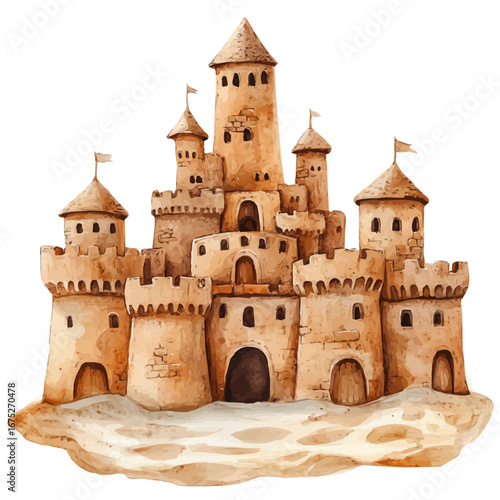 Sandy Castle, watercolor illustration vector, isolated on a white background.