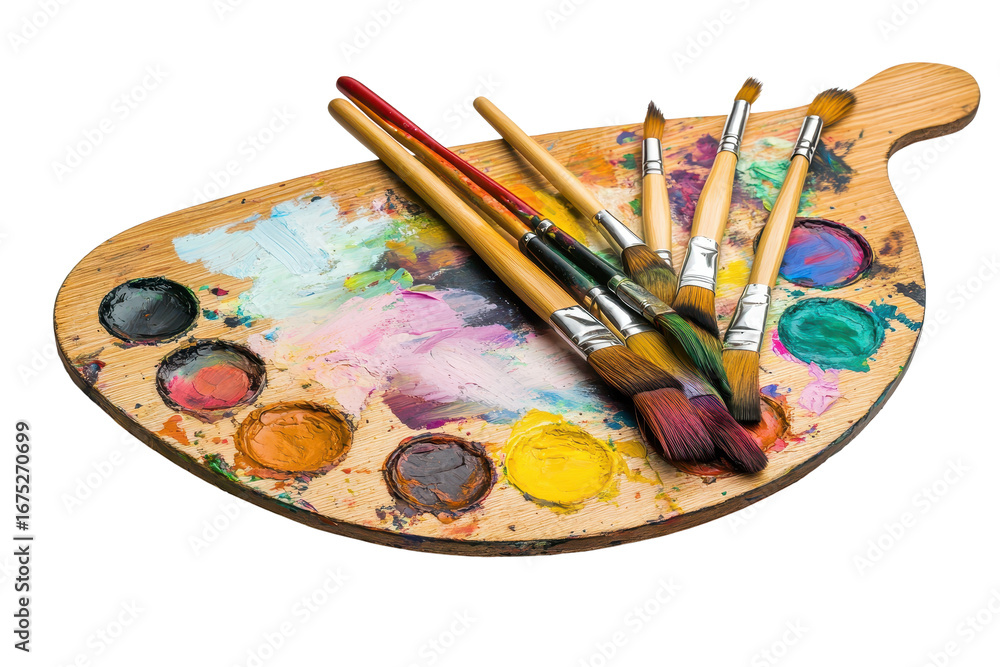 Fototapeta premium Vibrant paint palette and brushes showcasing a colorful array of hues for artistic creativity in an inviting workspace