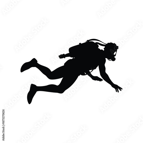 Black silhouette image of a scuba diver gracefully swimming underwater gracefully, scuba diver swimming underwater silhouette vector illustration