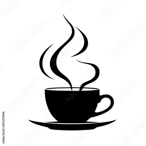 Silhouette of a coffee cup with steam rising on a saucer in black and white
