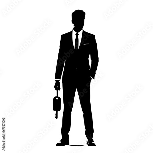 Silhouette of a man in a suit holding a key in his left hand object