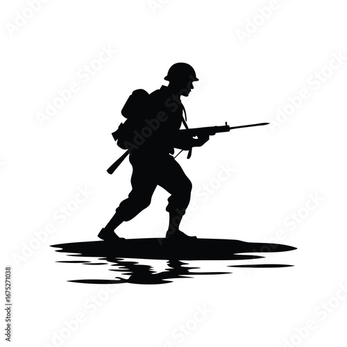 Silhouette of American soldier advancing in combat during the Vietnam War era, soldier crossing river silhouette vector illustration