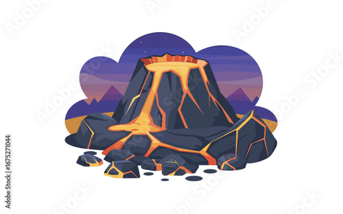 Erupting Volcano Illustration with Molten Lava Flowing Down its Slopes Against a Night Sky, Suitable for Educational Materials or Design Projects