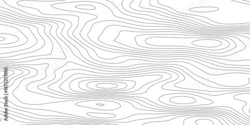 Abstract seamless topographic contour map background with mountain terrain elevation lines in black and white minimal design