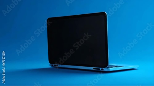 Modern laptop with blank screen on blue background  