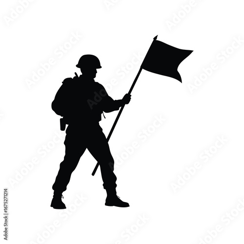 Silhouette of a Soldier Holding a Flag in Black and White Art, soldier holding flag silhouette vector illustration