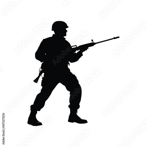 Silhouette of a soldier in full gear, holding a rifle in combat, soldier holding rifle silhouette vector illustration