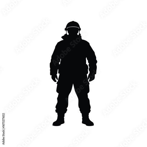 Silhouette of a soldier in combat gear standing guard ready for action, soldier in snow gear silhouette vector illustration