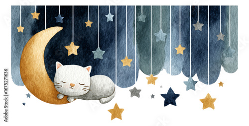 Cute Cat Sleeping on Moon with Stars Background