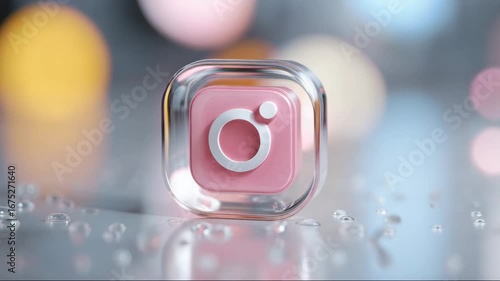 camera icon in pink and clear glass with blurred background  in glassmorphism