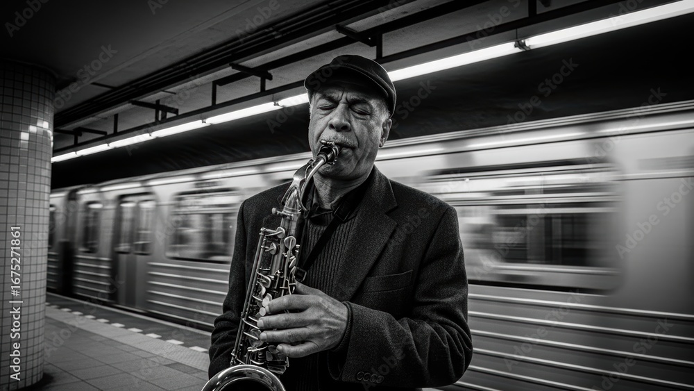 Fototapeta premium A black and white photo of a street musician playing the saxophone in a subway station with a blurry train.