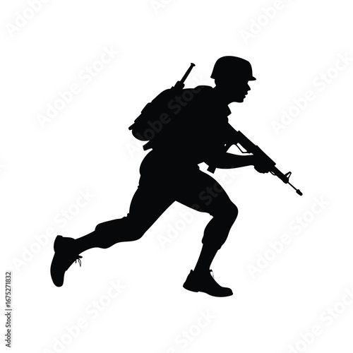 Silhouette of Soldier Running with Rifle, Backpack, and Helmet on White Background, soldier running silhouette vector illustration