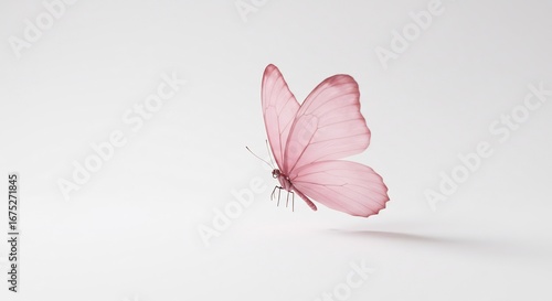 Papillon rose d�licat vole gracieusement lumiere douce fond blanc. AI Generated