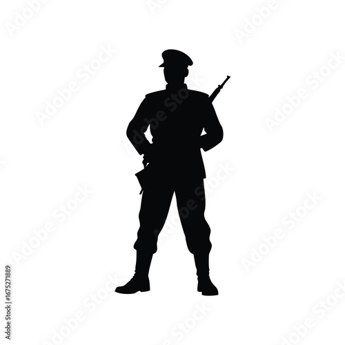 Silhouette of a soldier in uniform with a rifle standing at attention, soldier standing guard silhouette vector illustration