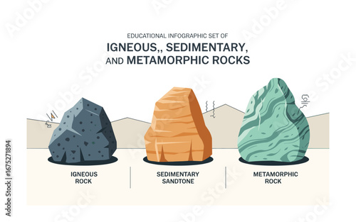 Educational Infographic: Types of Rocks - Igneous, Sedimentary, Metamorphic. Simple diagrams of sandstone, igneous rock, and metamorphic rocks on neutral background