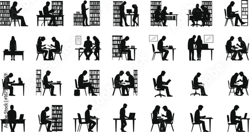 Silhouettes of people reading, studying, working on laptops, library scenes, education, teamwork, knowledge sharing, learning, students, bookshelves, focused individuals.