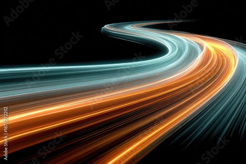 Abstract swirling light trails, orange and teal