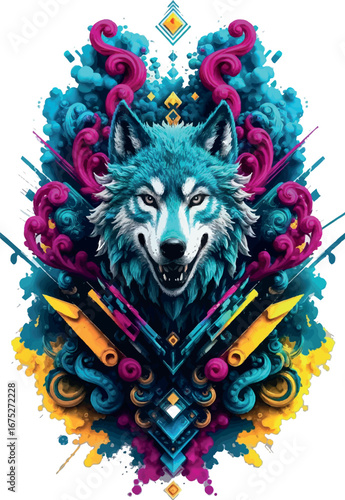 Vibrant Abstract Wolf Head: Bold Colors, Geometric Design, Energetic Mood