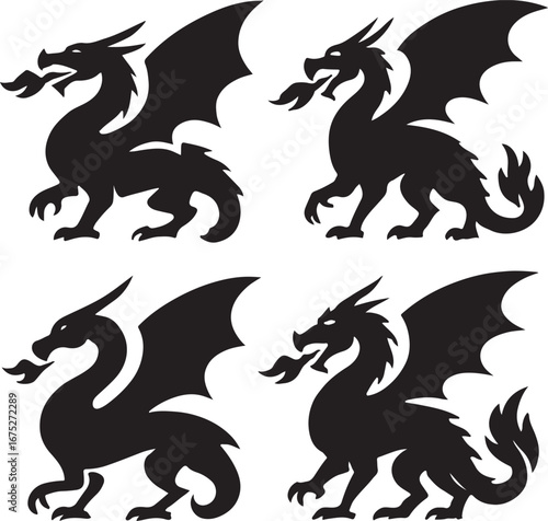 Four Fiery Black Dragon Silhouettes: Vector Graphic, Bold, Dramatic, and Powerful.