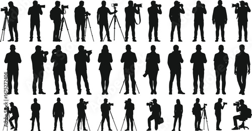 Silhouettes of professional photographers with cameras, tripods, photo shoots, photography poses, camera equipment, photojournalists, outdoor and studio photography.