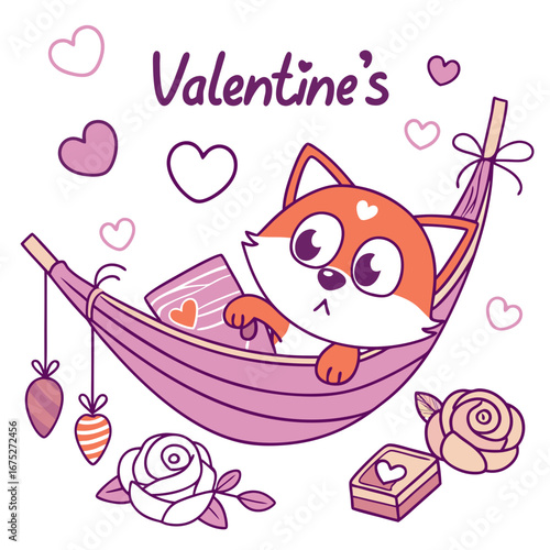 Cute Surprised Red Fox, accessorized with in a hammock, in a Valentine world – Valentine Blush palette vector