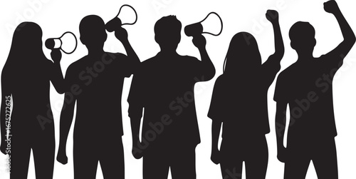 silhouette vector of a group of people holding megaphones holding a demonstration, peaceful action, and conveying aspirations