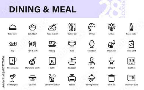 Professional Dining and meal, restaurant modern line icon pack showing cutlery, gourmet dishes, food service, and beverages