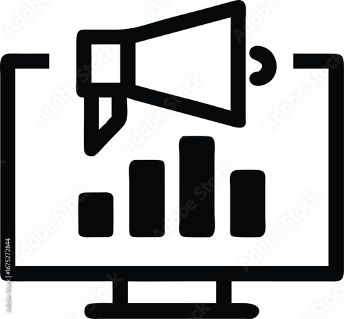 A computer screen displays a marketing graph with a megaphone icon